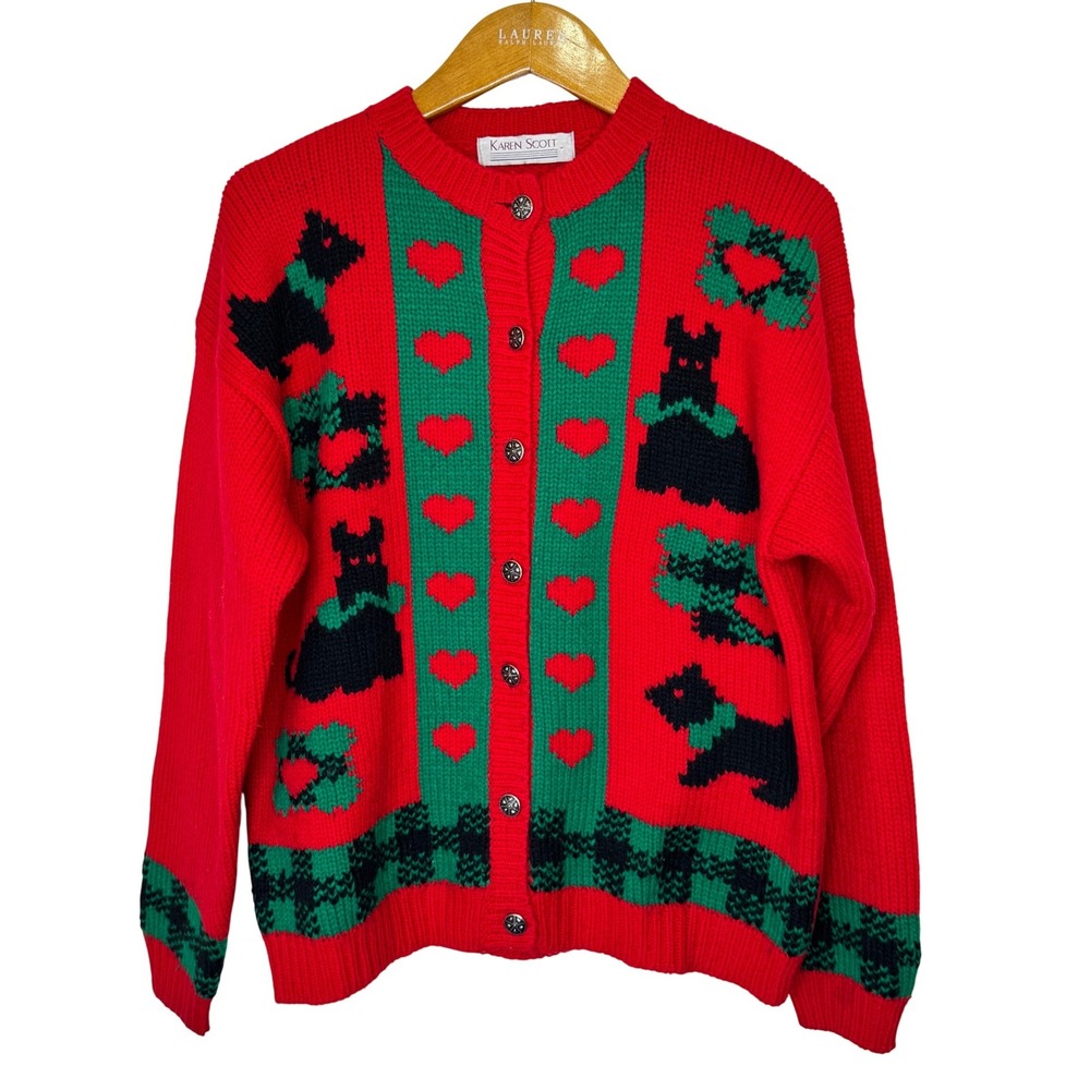 Karen Scott Scottie Heart Sweater Medium Red/Green/Black